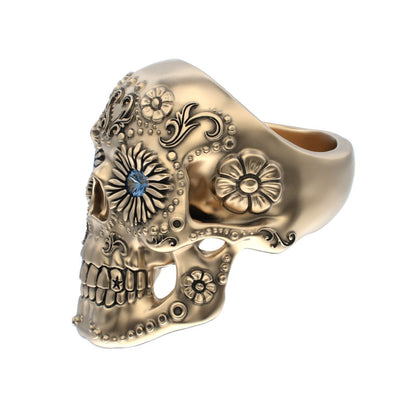 Large Sugar Skull Ring - 9ct Gold - Blue Sapphire Eyes - BeckonJewel