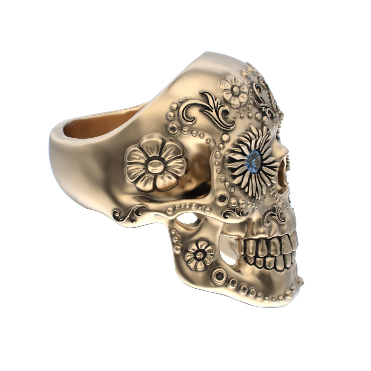 Large Sugar Skull Ring - 9ct Gold - Blue Sapphire Eyes - BeckonJewel