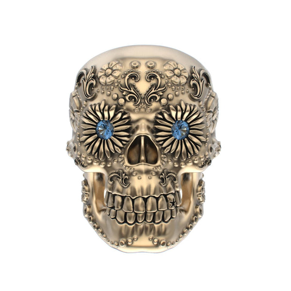 Large Sugar Skull Ring - 9ct Gold - Blue Sapphire Eyes - BeckonJewel