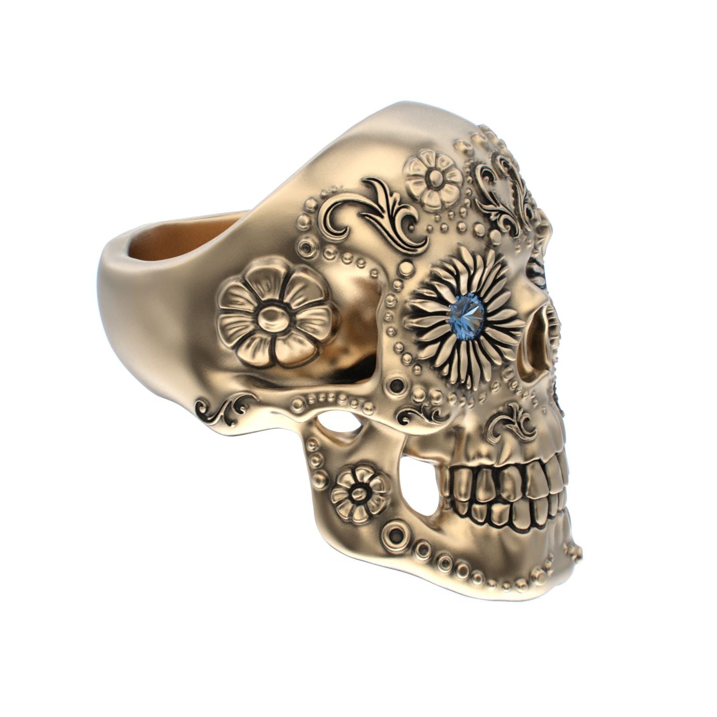 Large Sugar Skull Ring - 9ct Gold - Blue Sapphire Eyes - BeckonJewel