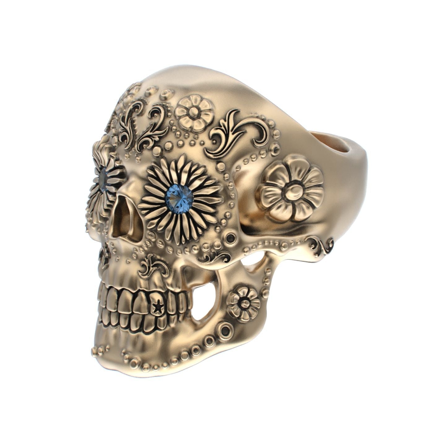 Large Sugar Skull Ring - 9ct Gold - Blue Sapphire Eyes - BeckonJewel