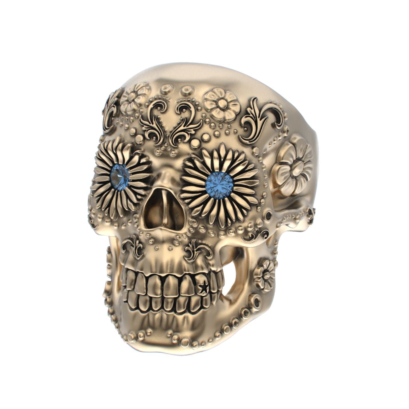 Large Sugar Skull Ring - 9ct Gold - Blue Sapphire Eyes - BeckonJewel