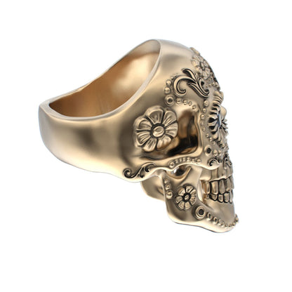 Large Sugar Skull Ring - 9ct Gold - Blue Sapphire Eyes - BeckonJewel