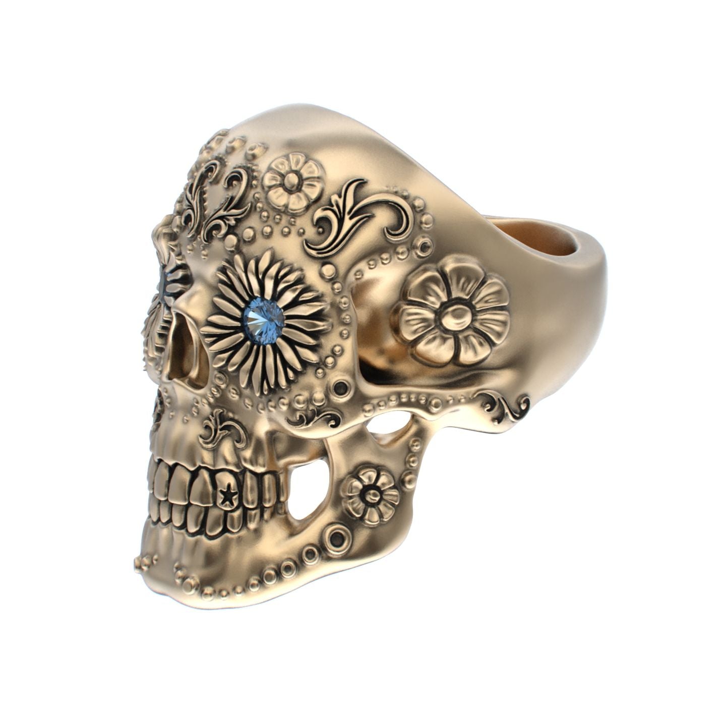 Large Sugar Skull Ring - 9ct Gold - Blue Sapphire Eyes - BeckonJewel