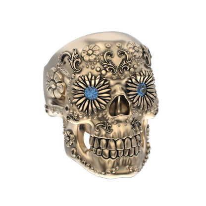 Large Sugar Skull Ring - 9ct Gold - Blue Sapphire Eyes - BeckonJewel