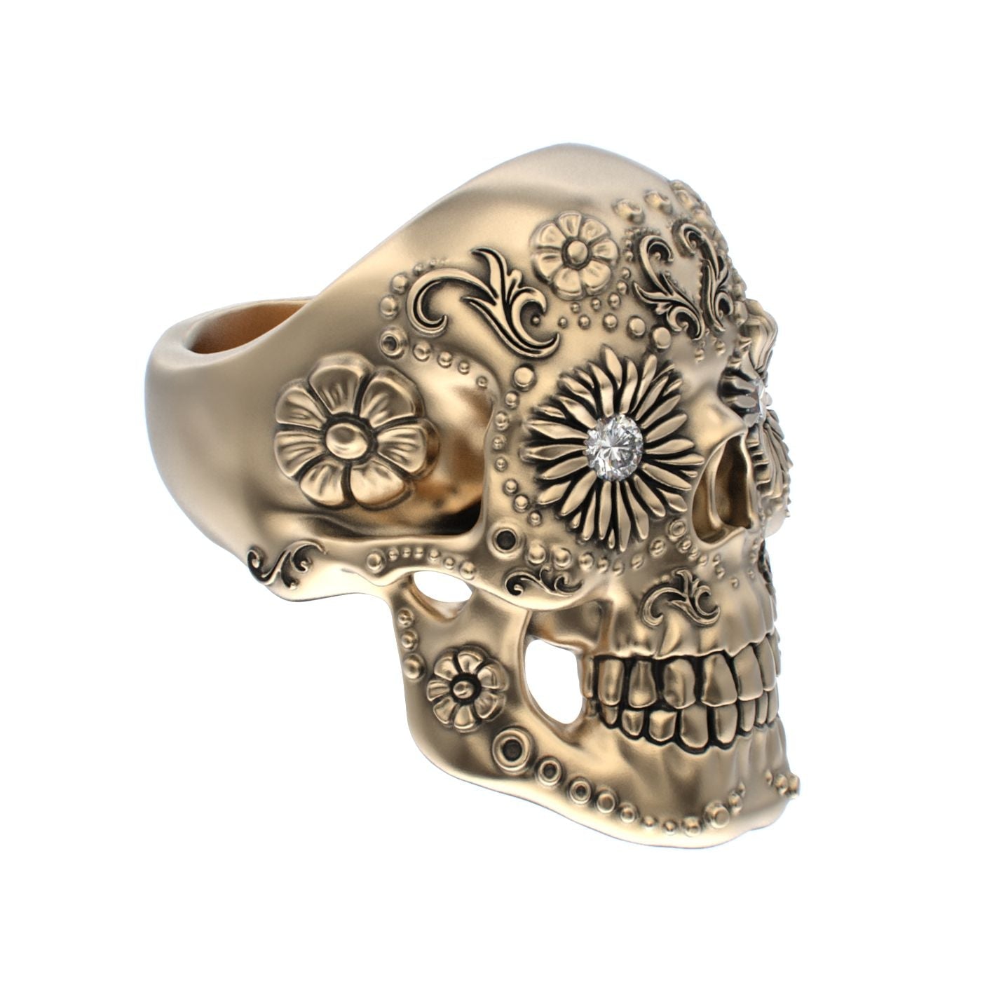 Large Sugar Skull Ring - 9ct Gold - Diamond Eyes - BeckonJewel