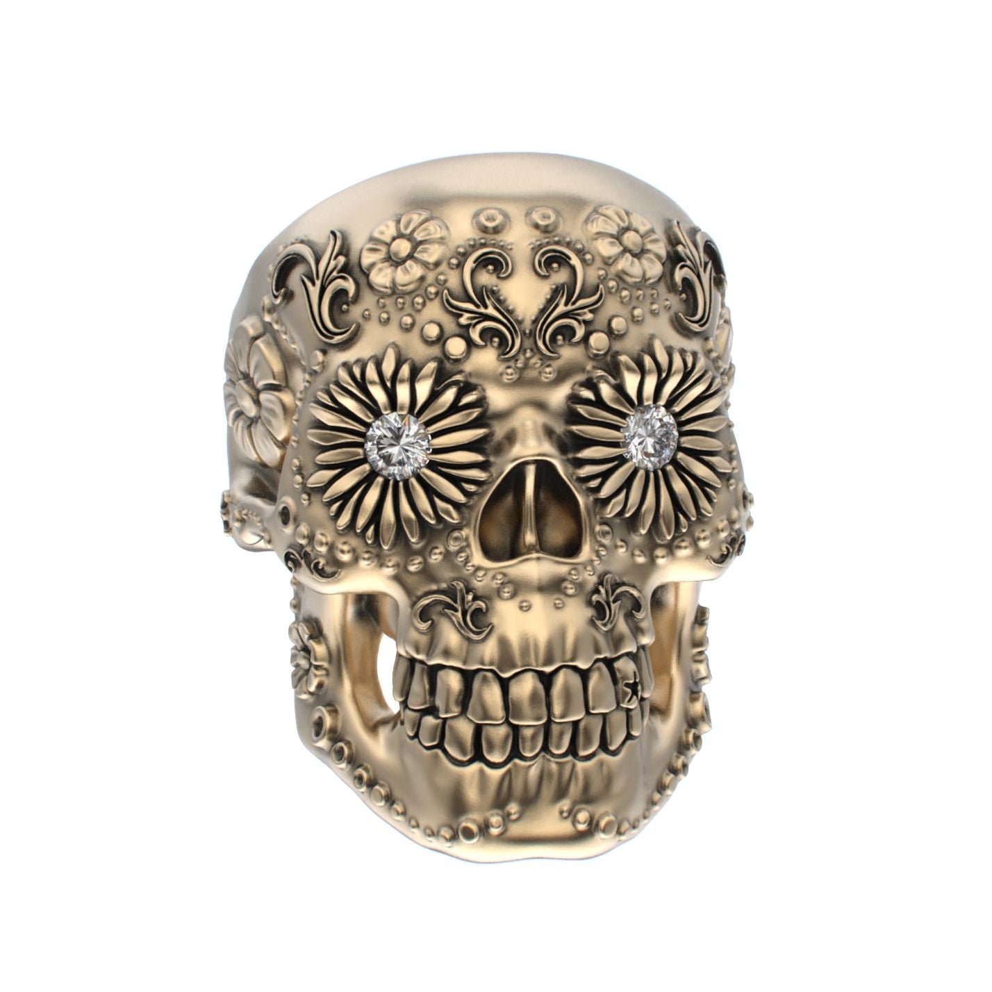 Large Sugar Skull Ring - 9ct Gold - Diamond Eyes - BeckonJewel