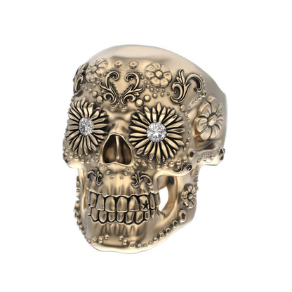 Large Sugar Skull Ring - 9ct Gold - Diamond Eyes - BeckonJewel