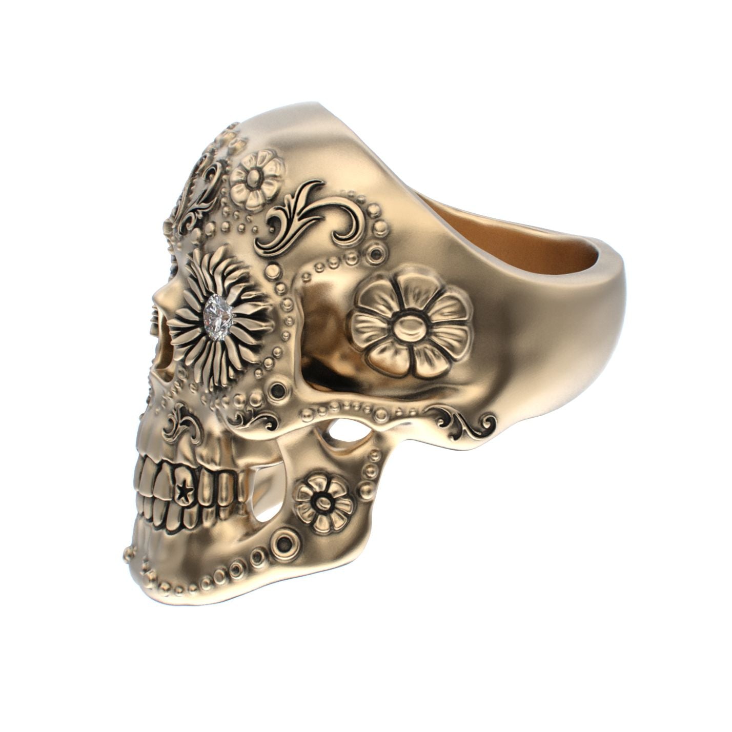 Large Sugar Skull Ring - 9ct Gold - Diamond Eyes - BeckonJewel