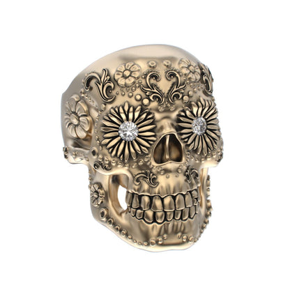 Large Sugar Skull Ring - 9ct Gold - Diamond Eyes - BeckonJewel