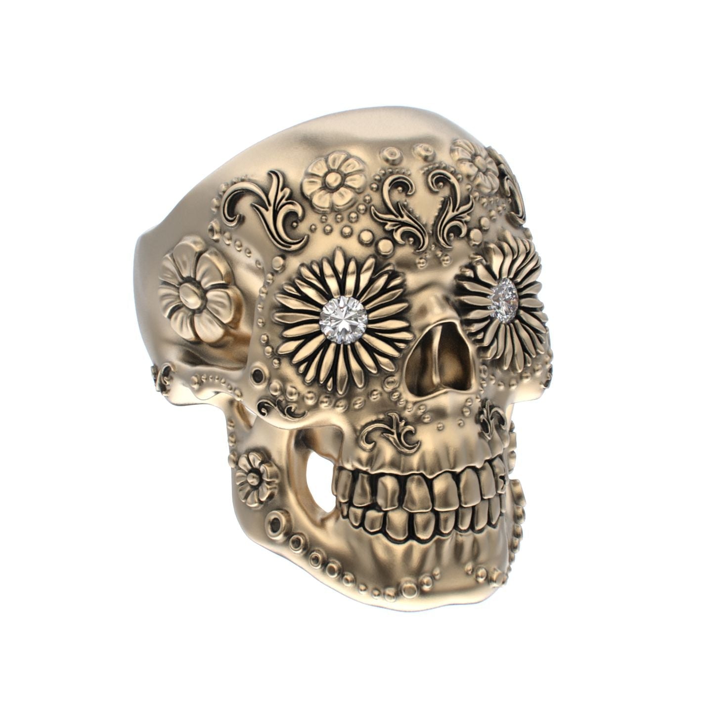 Large Sugar Skull Ring - 9ct Gold - Diamond Eyes - BeckonJewel