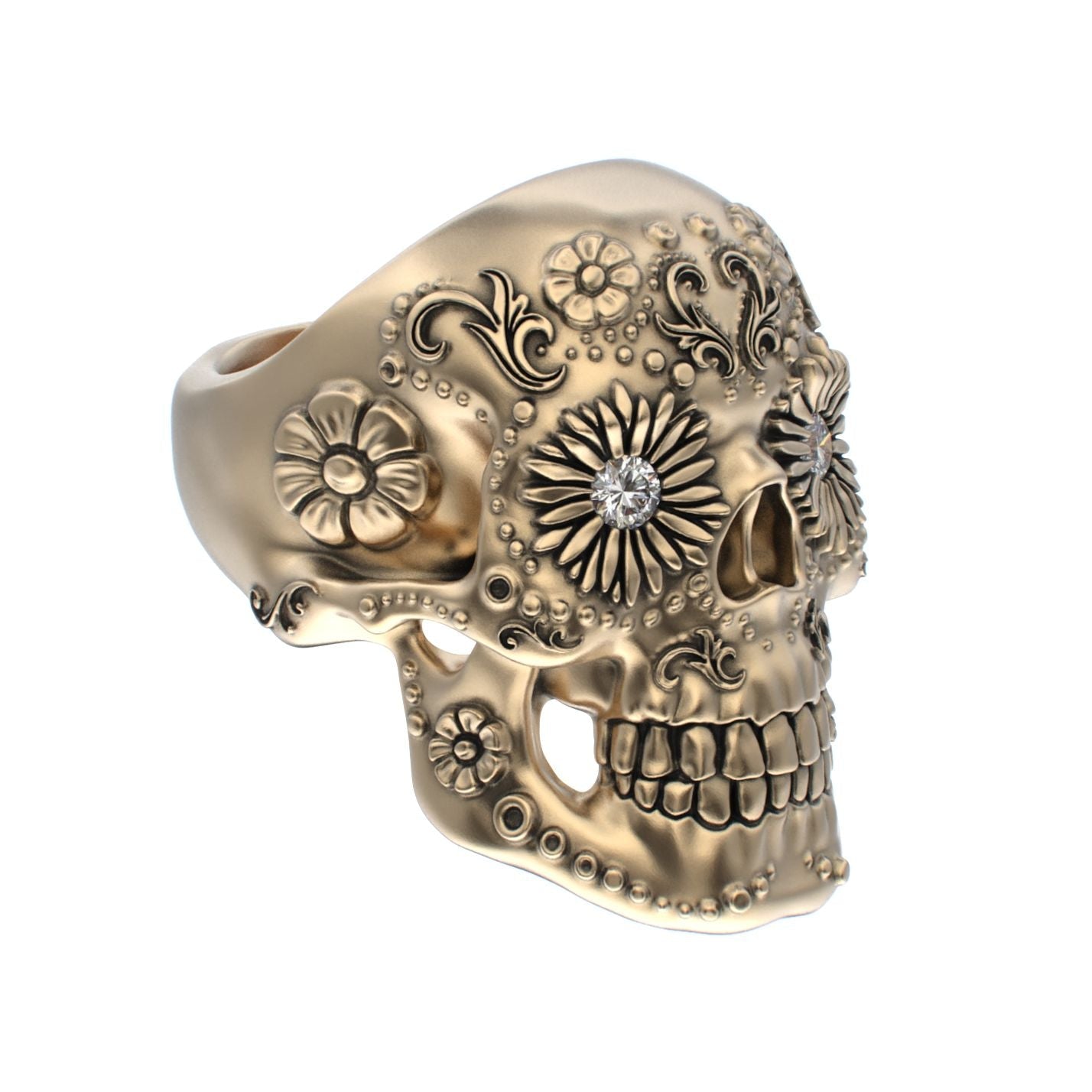 Large Sugar Skull Ring - 9ct Gold - Diamond Eyes - BeckonJewel