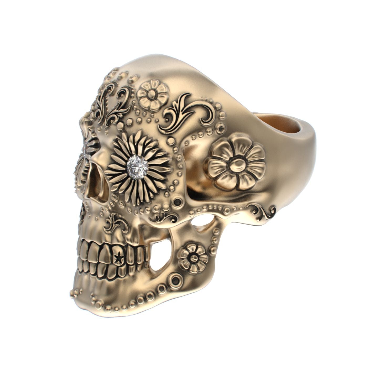 Large Sugar Skull Ring - 9ct Gold - Diamond Eyes - BeckonJewel