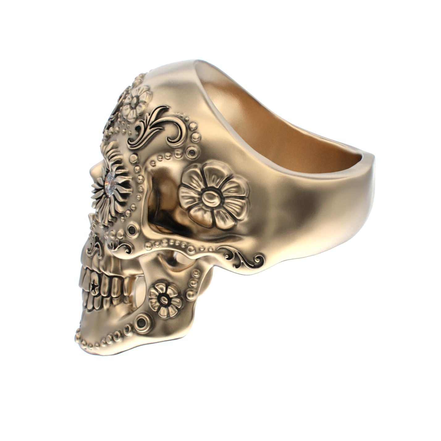 Large Sugar Skull Ring - 9ct Gold - Diamond Eyes - BeckonJewel