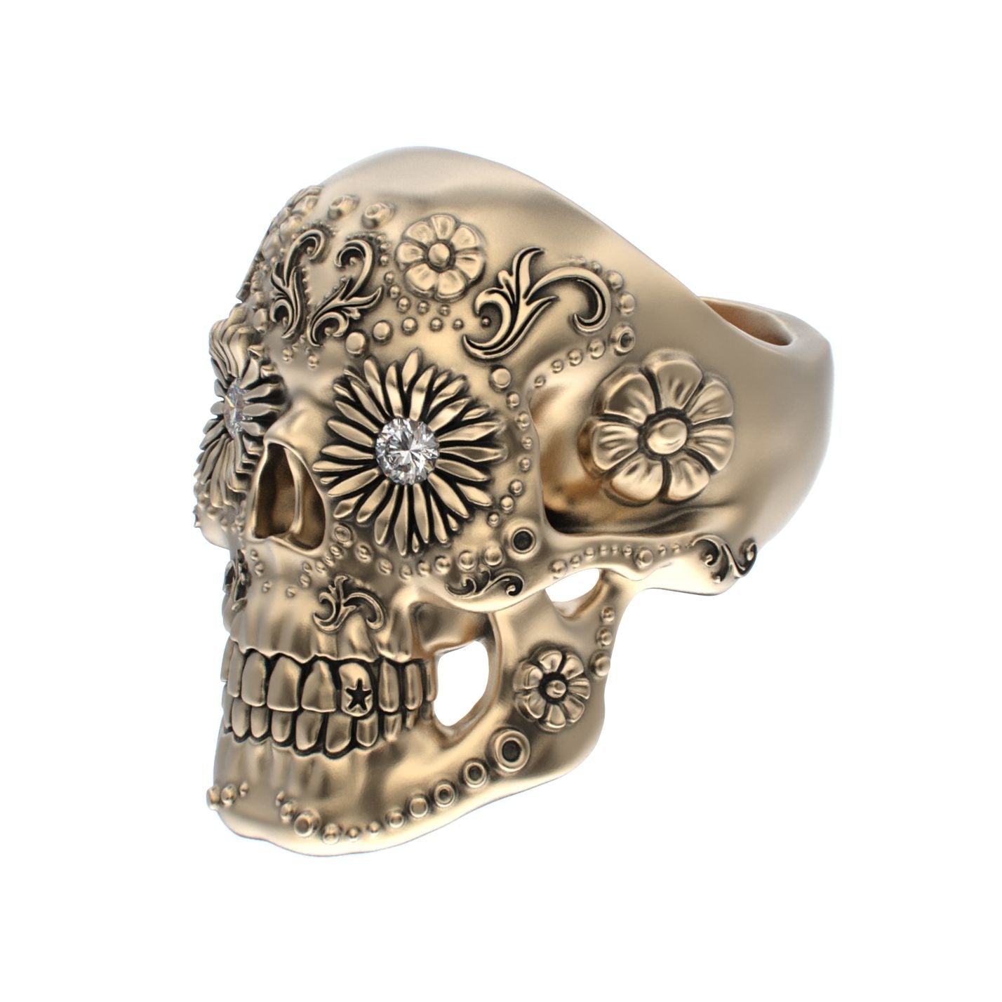 Large Sugar Skull Ring - 9ct Gold - Diamond Eyes - BeckonJewel