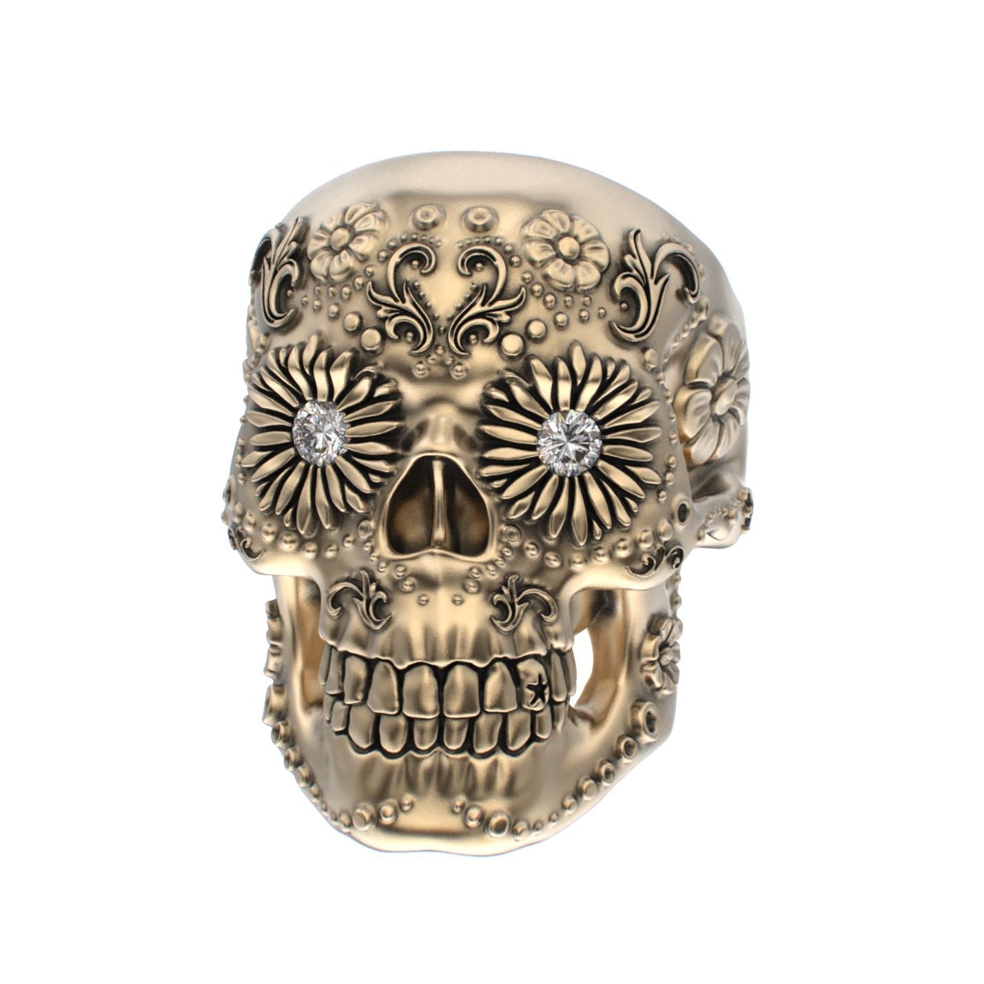 Large Sugar Skull Ring - 9ct Gold - Diamond Eyes - BeckonJewel