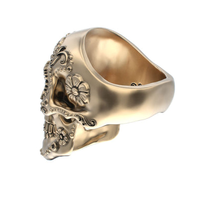 Large Sugar Skull Ring - 9ct Gold - Diamond Eyes - BeckonJewel