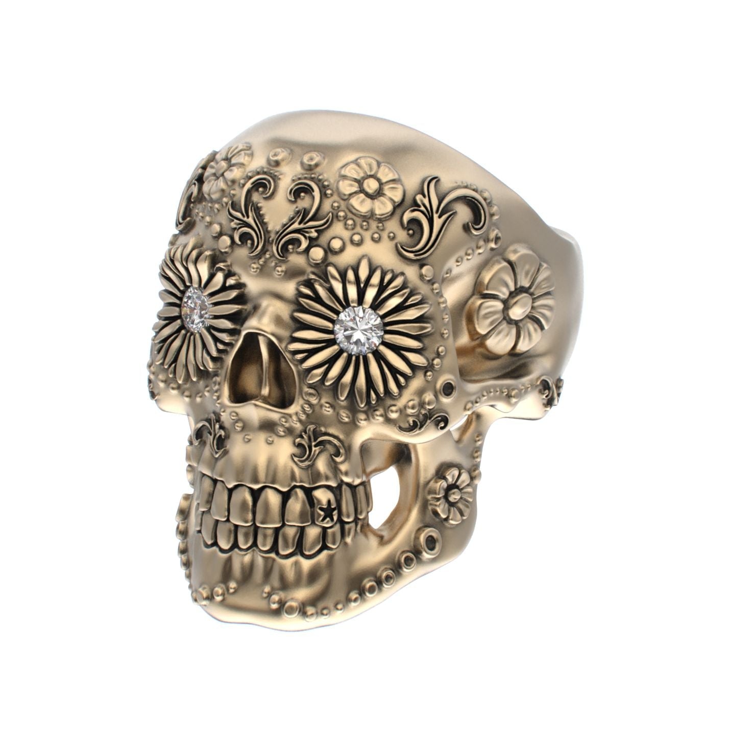 Large Sugar Skull Ring - 9ct Gold - Diamond Eyes - BeckonJewel