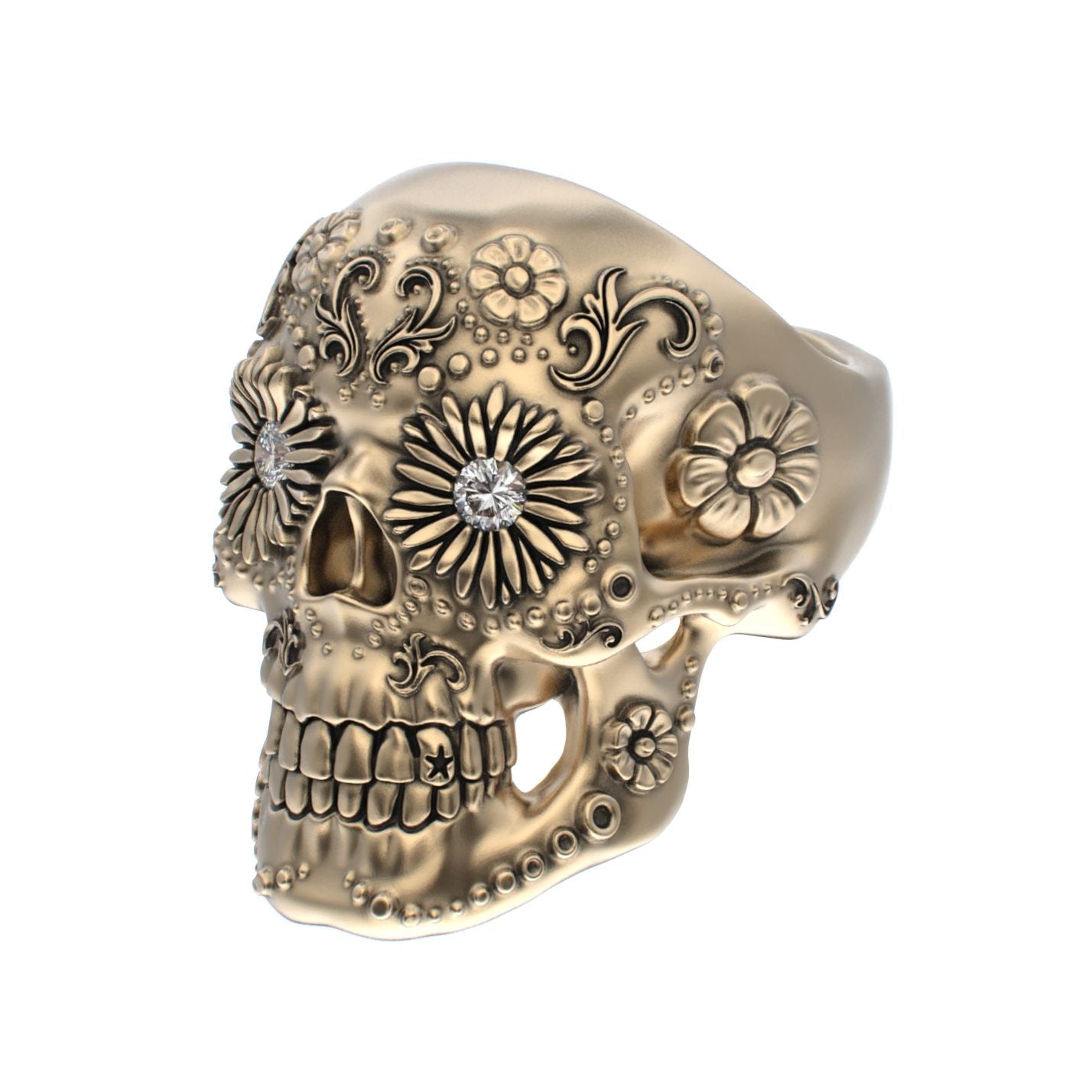 Large Sugar Skull Ring - 9ct Gold - Diamond Eyes - BeckonJewel