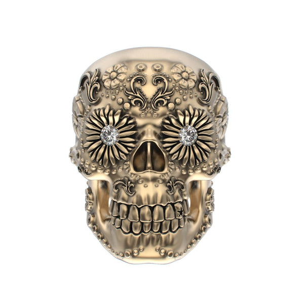 Large Sugar Skull Ring - 9ct Gold - Diamond Eyes - BeckonJewel