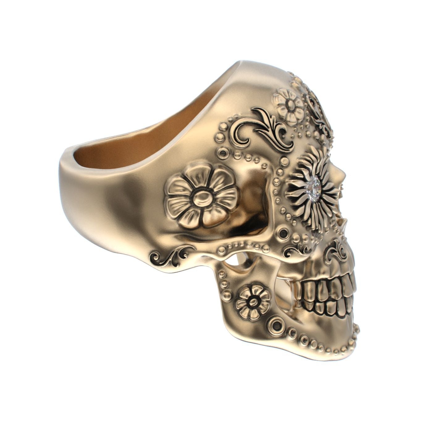 Large Sugar Skull Ring - 9ct Gold - Diamond Eyes - BeckonJewel