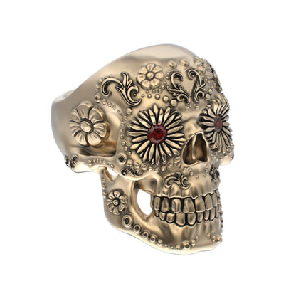 Large Sugar Skull Ring - 9ct Gold - Garnet Eyes - BeckonJewel