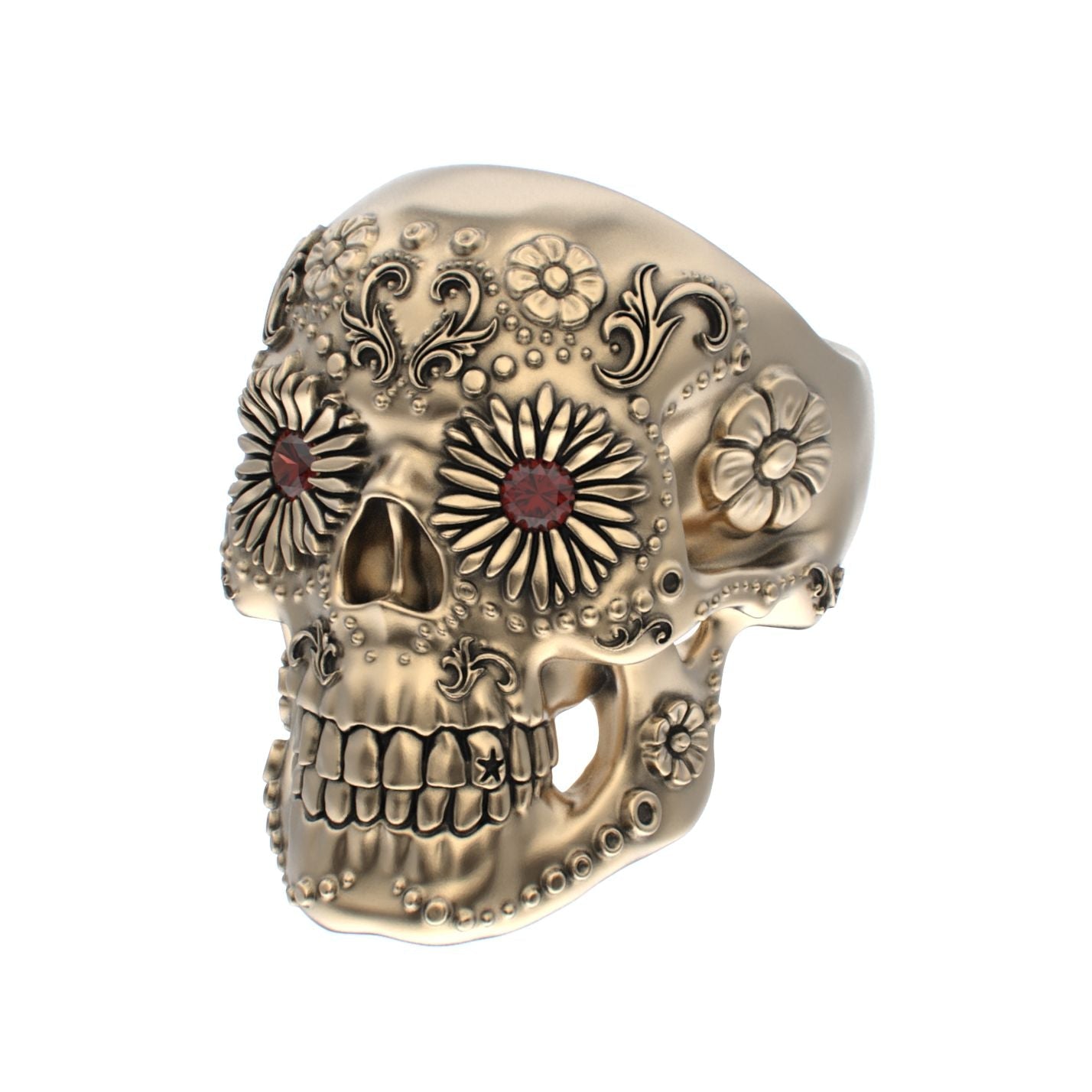 Large Sugar Skull Ring - 9ct Gold - Garnet Eyes - BeckonJewel