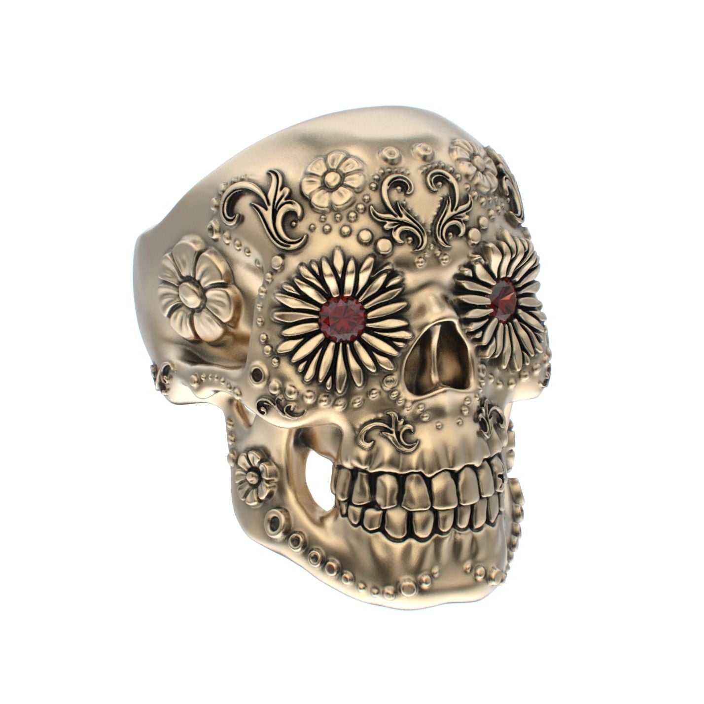 Large Sugar Skull Ring - 9ct Gold - Garnet Eyes - BeckonJewel