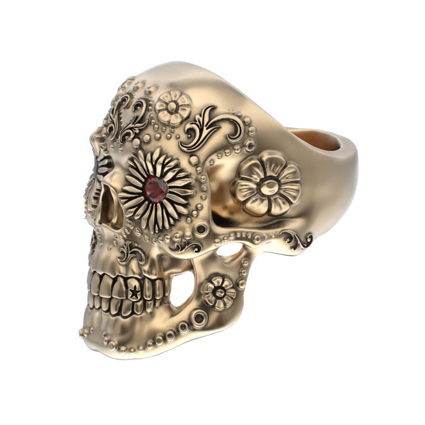 Large Sugar Skull Ring - 9ct Gold - Garnet Eyes - BeckonJewel