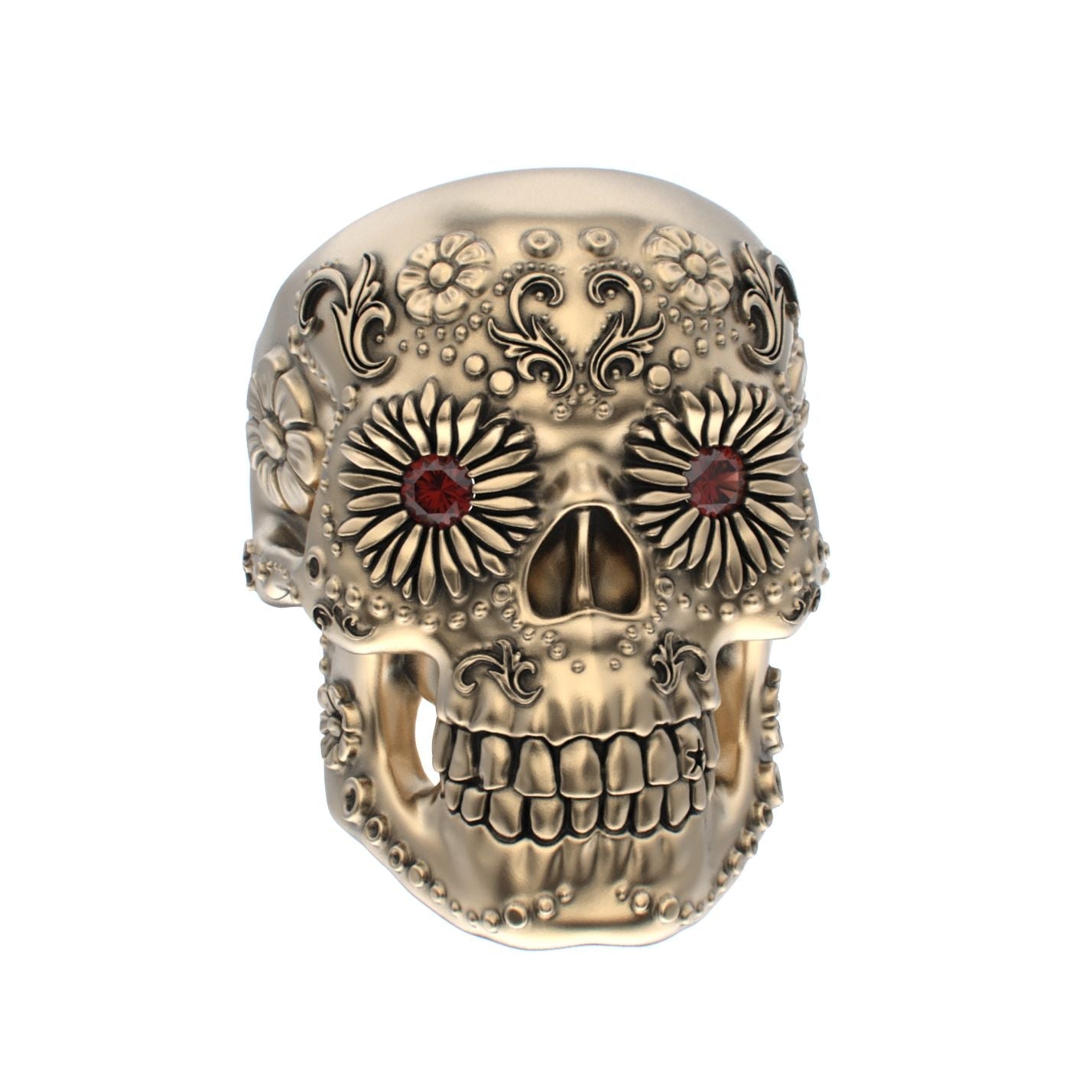 Large Sugar Skull Ring - 9ct Gold - Garnet Eyes - BeckonJewel