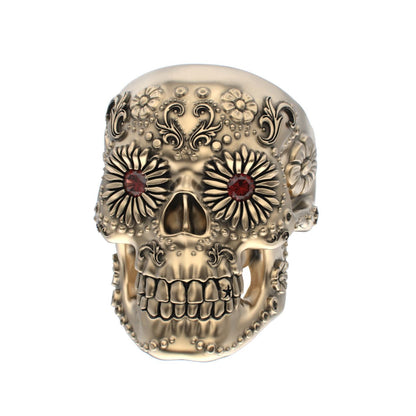 Large Sugar Skull Ring - 9ct Gold - Garnet Eyes - BeckonJewel