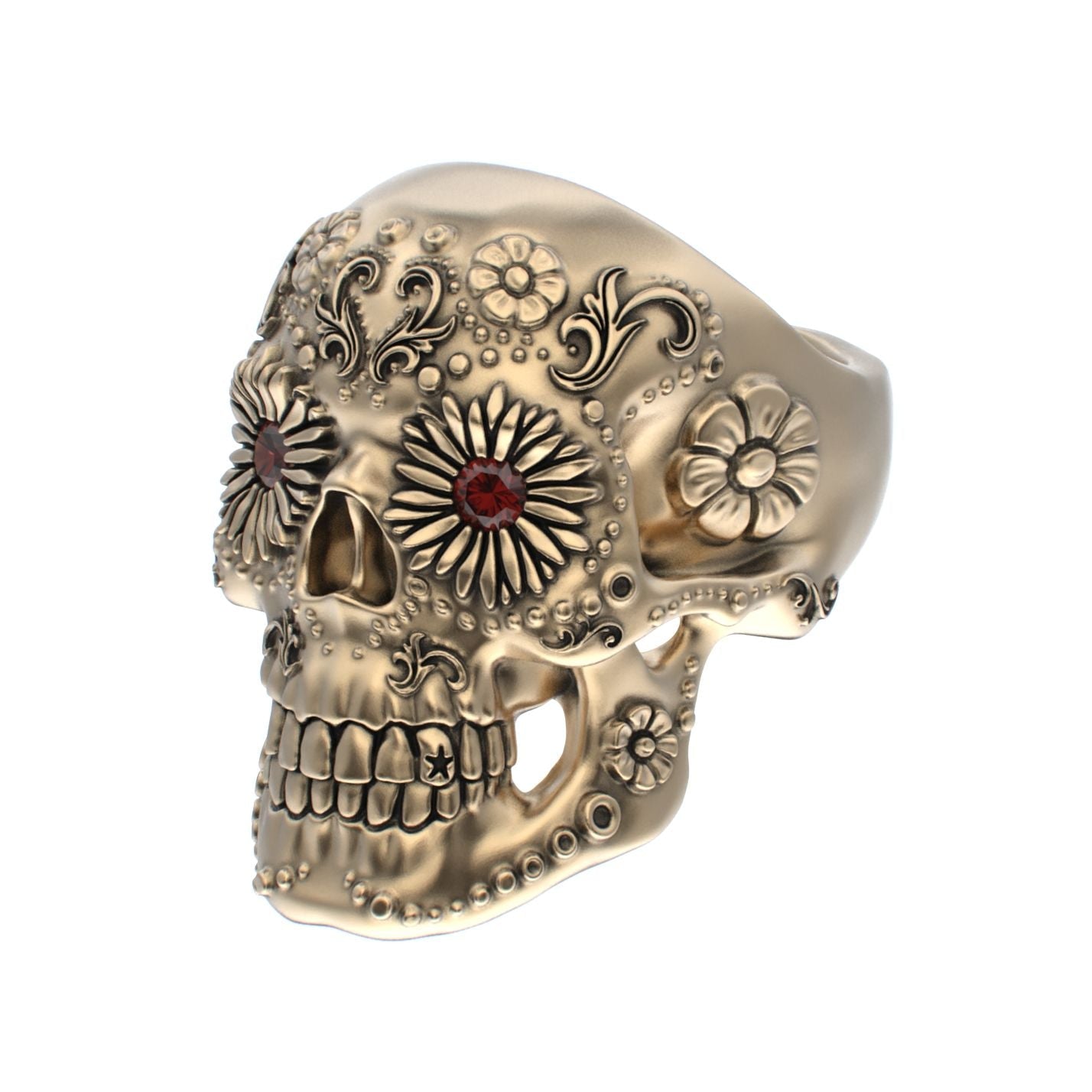 Large Sugar Skull Ring - 9ct Gold - Garnet Eyes - BeckonJewel