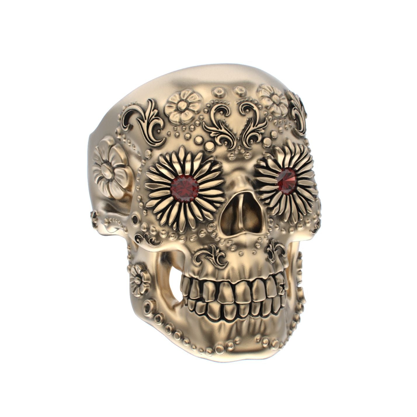 Large Sugar Skull Ring - 9ct Gold - Garnet Eyes - BeckonJewel