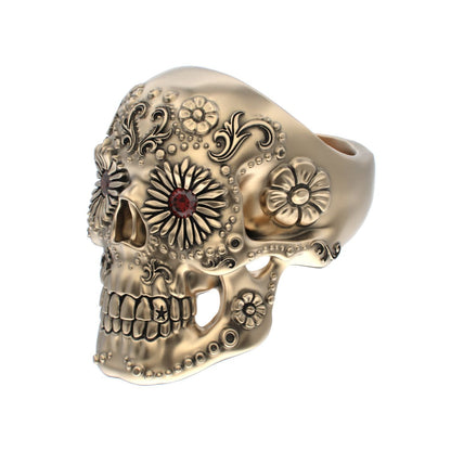 Large Sugar Skull Ring - 9ct Gold - Garnet Eyes - BeckonJewel