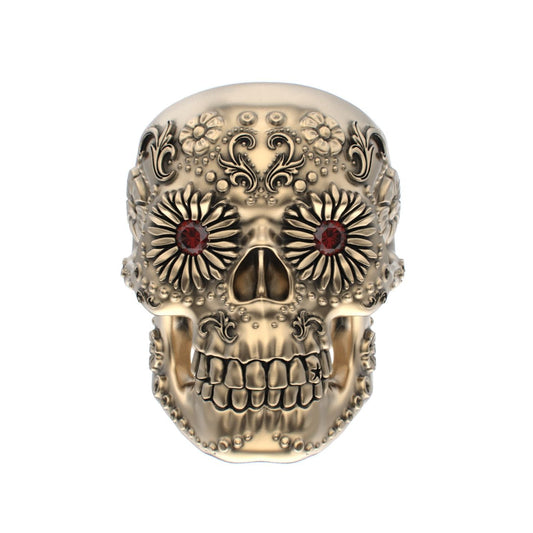 Large Sugar Skull Ring - 9ct Gold - Garnet Eyes - BeckonJewel