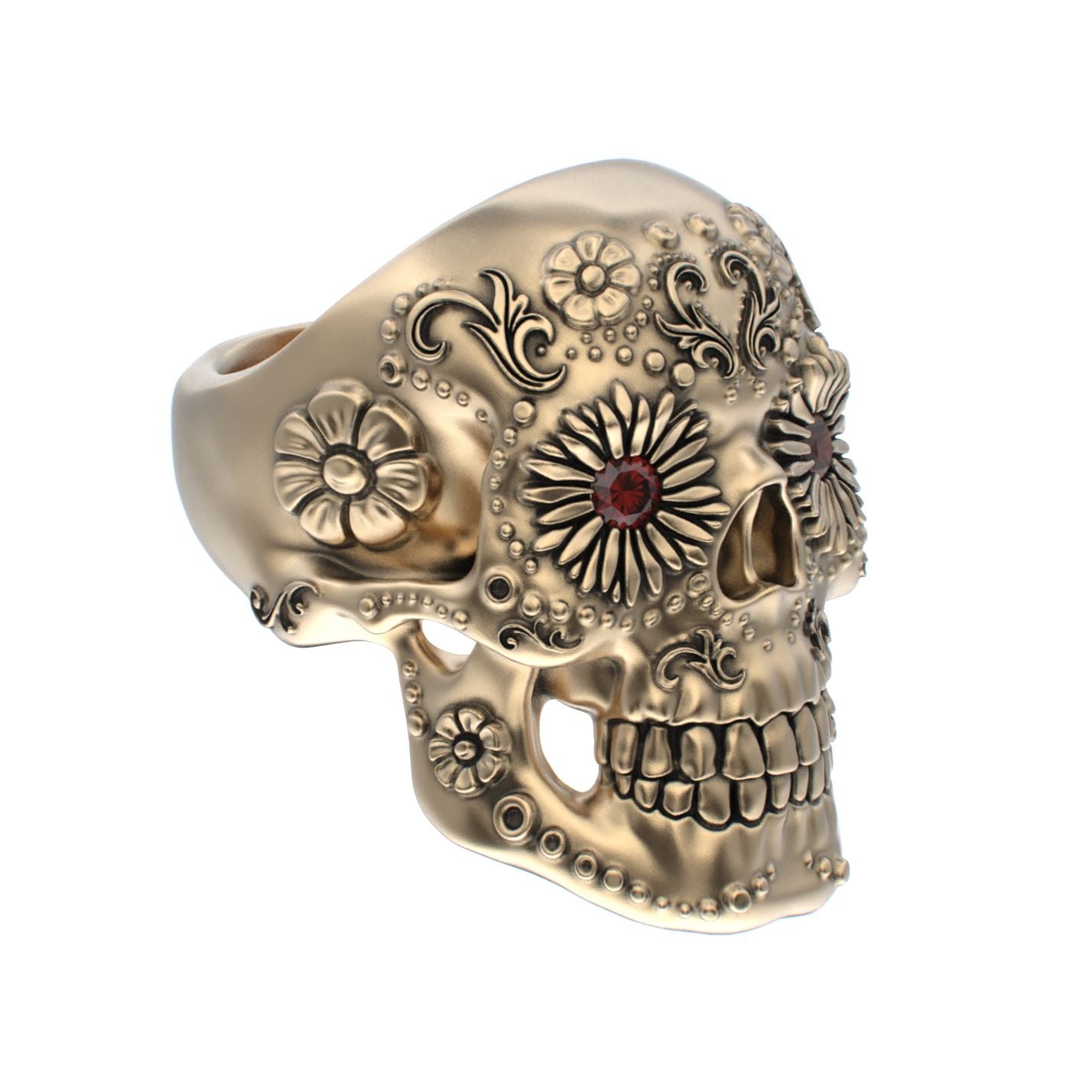 Large Sugar Skull Ring - 9ct Gold - Garnet Eyes - BeckonJewel