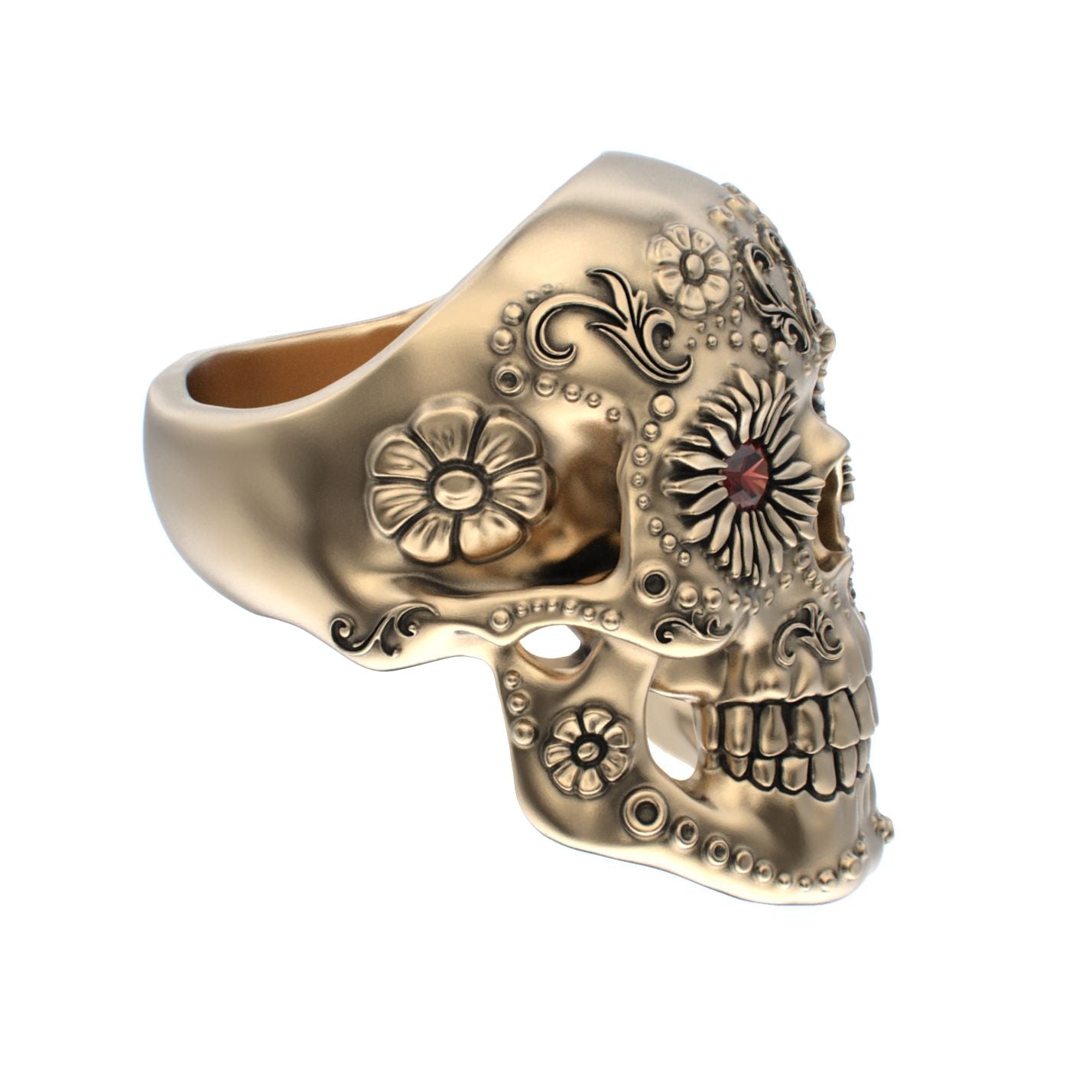 Large Sugar Skull Ring - 9ct Gold - Garnet Eyes - BeckonJewel