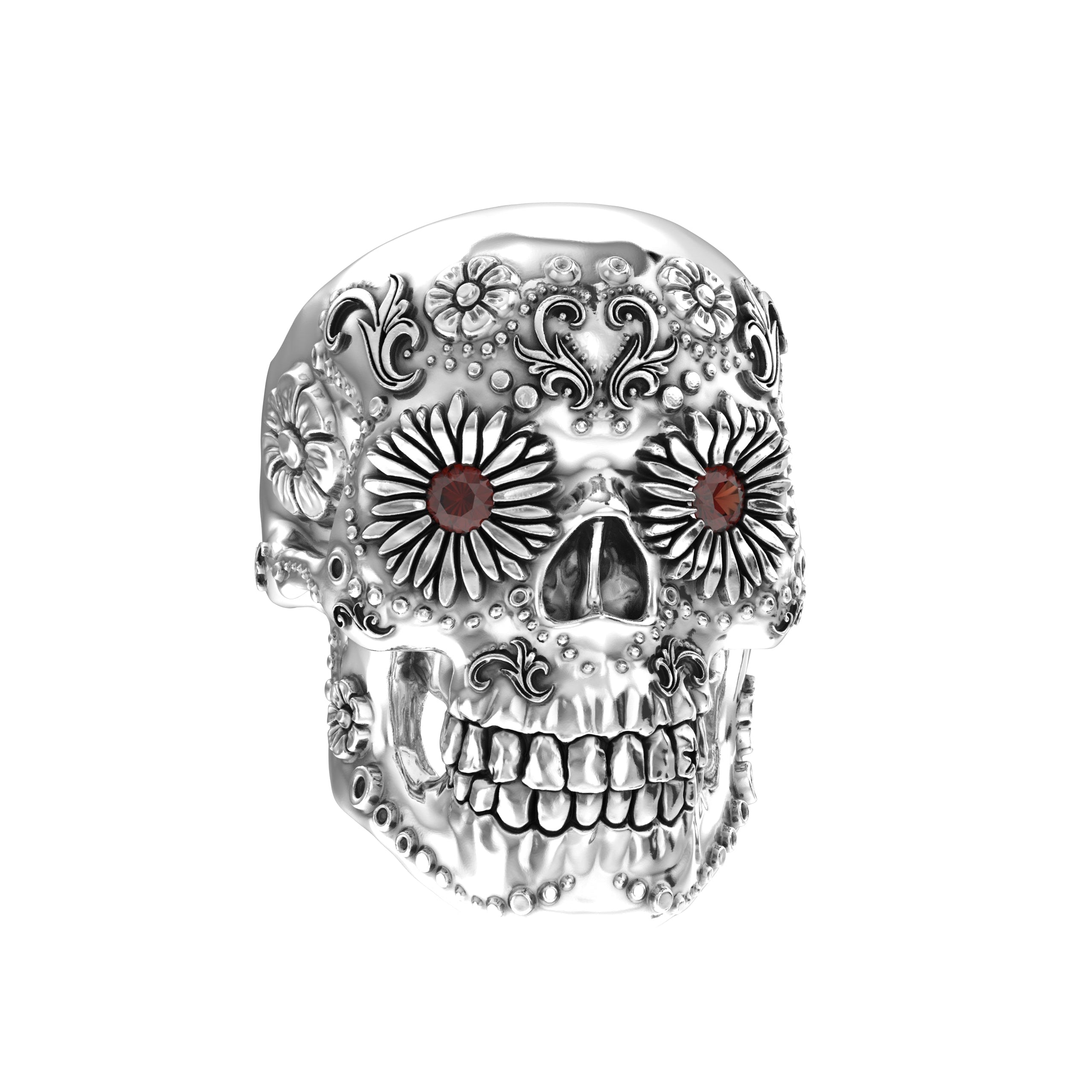 Sugar Skull Ring - Handcrafted Sterling Silver | Garnet Eyes - BeckonJewel