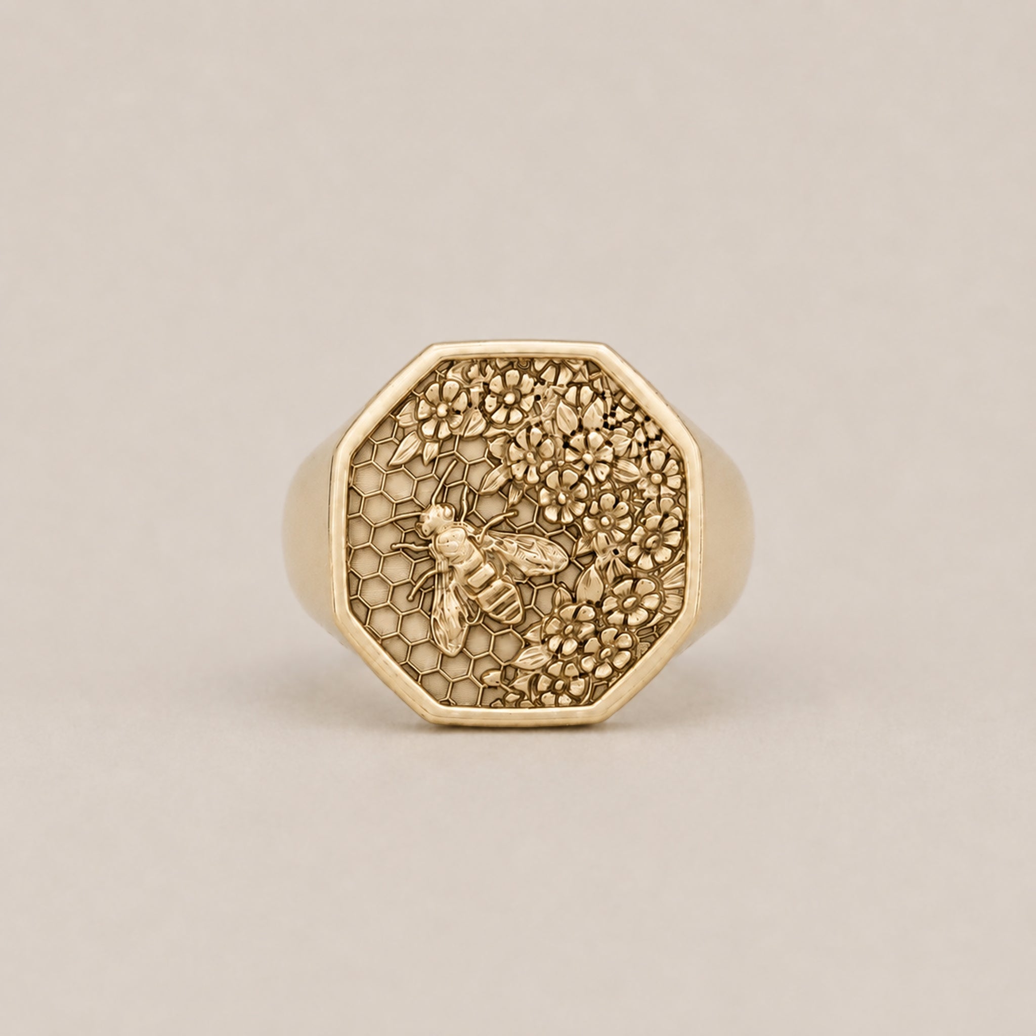 Small Honeycomb Bee Signet Ring | 9ct Yellow Gold - BeckonJewel