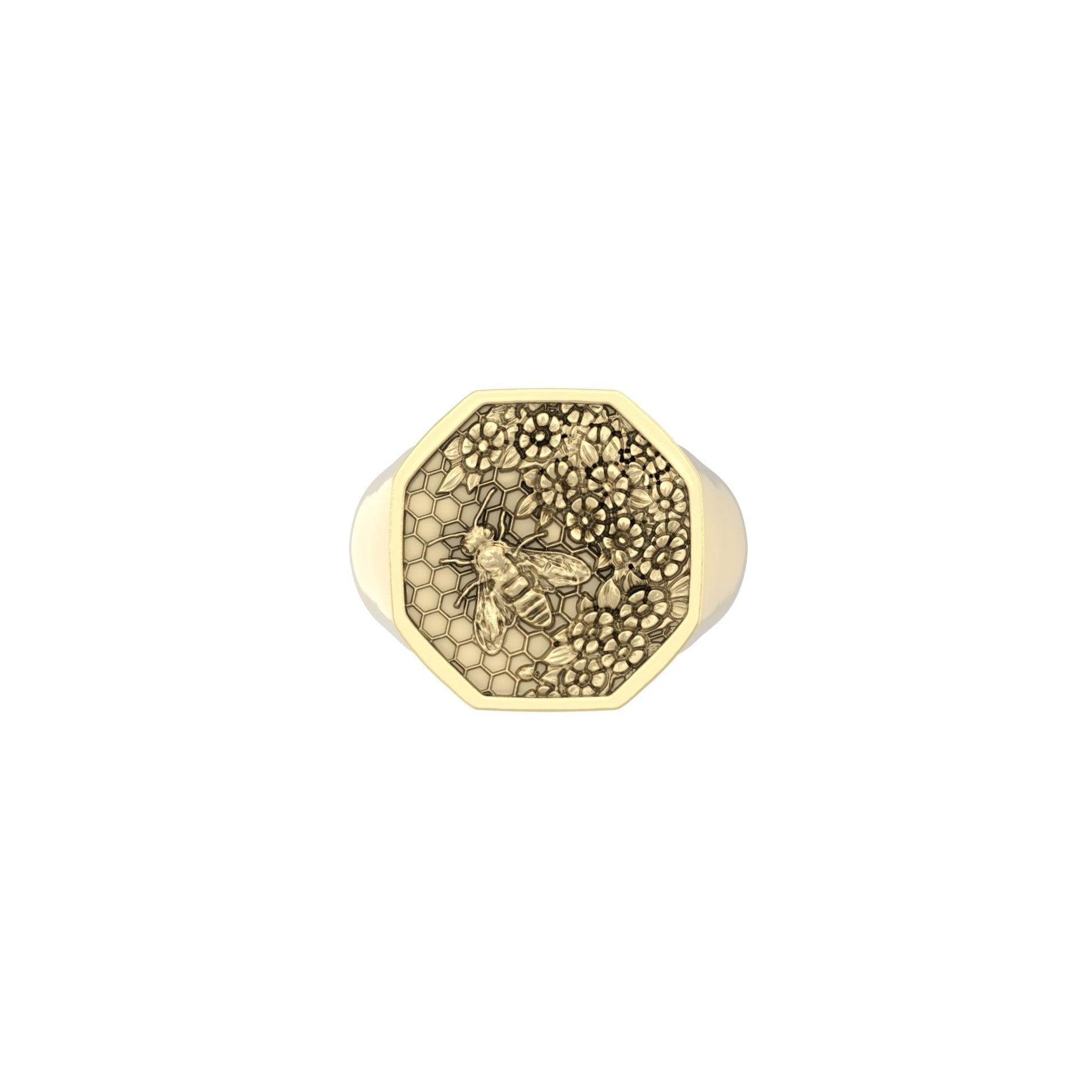 Small Honeycomb Bee Signet Ring | 9ct Yellow Gold - BeckonJewel