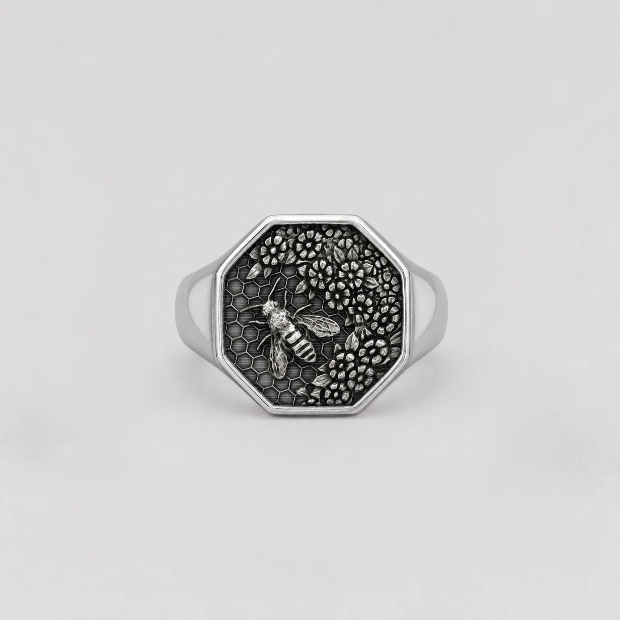 Small Honeycomb Bee Signet Ring | Sterling Silver - BeckonJewel