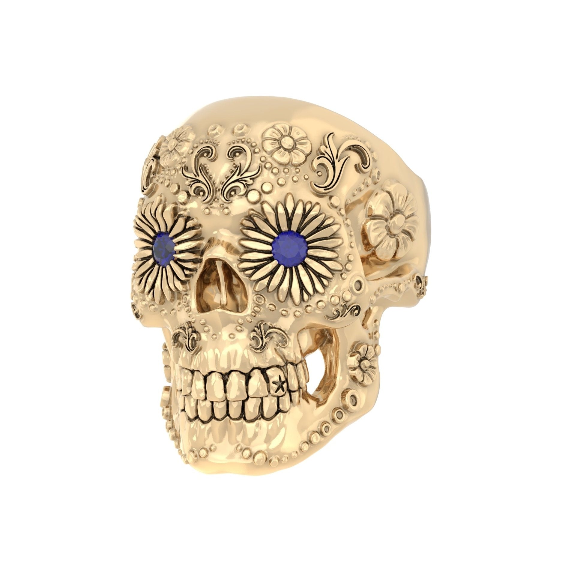 Sugar Skull Ring - Handcrafted 9ct Yellow Gold | Blue Sapphire Eyes - BeckonJewel