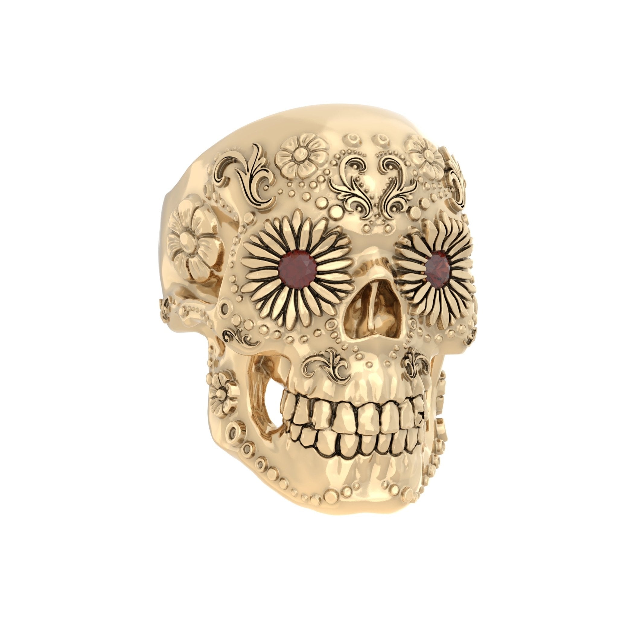 Sugar Skull Ring - Handcrafted 9ct Yellow Gold | Garnet Eyes - BeckonJewel