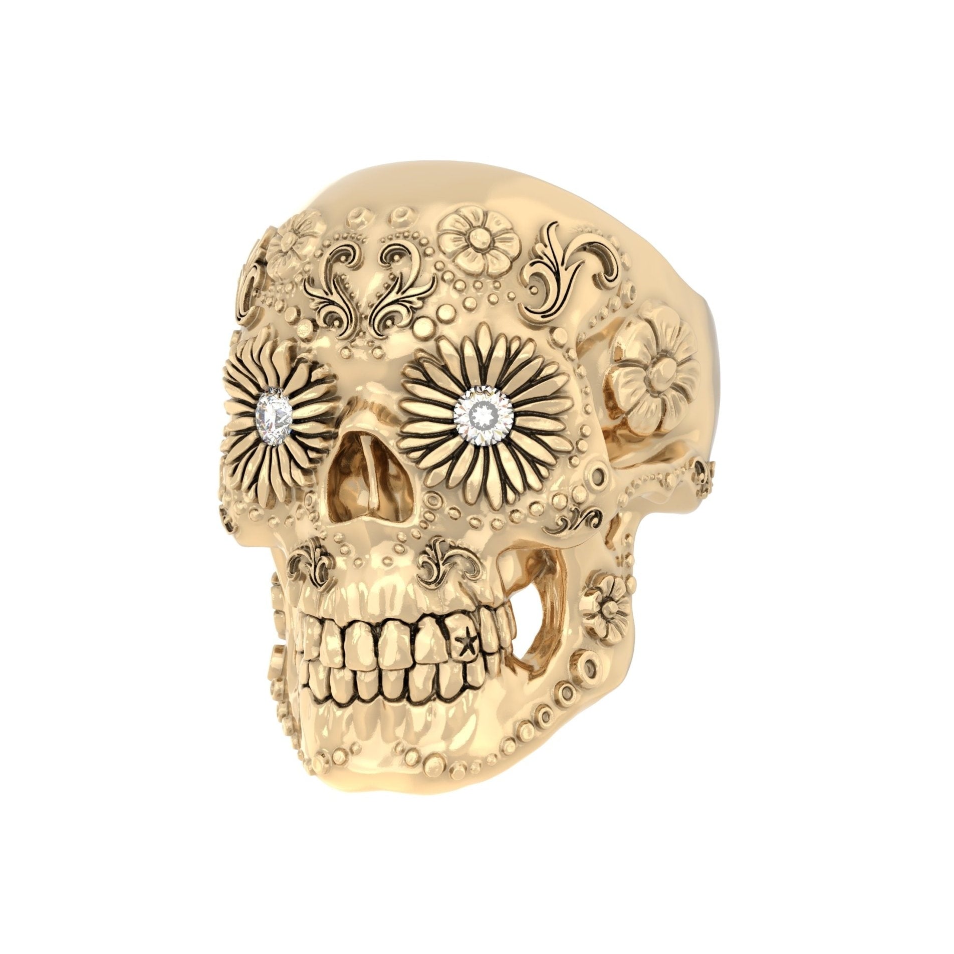 Sugar Skull Ring – Handcrafted 9ct Yellow Gold | Moissanite or Diamond Eyes - BeckonJewel