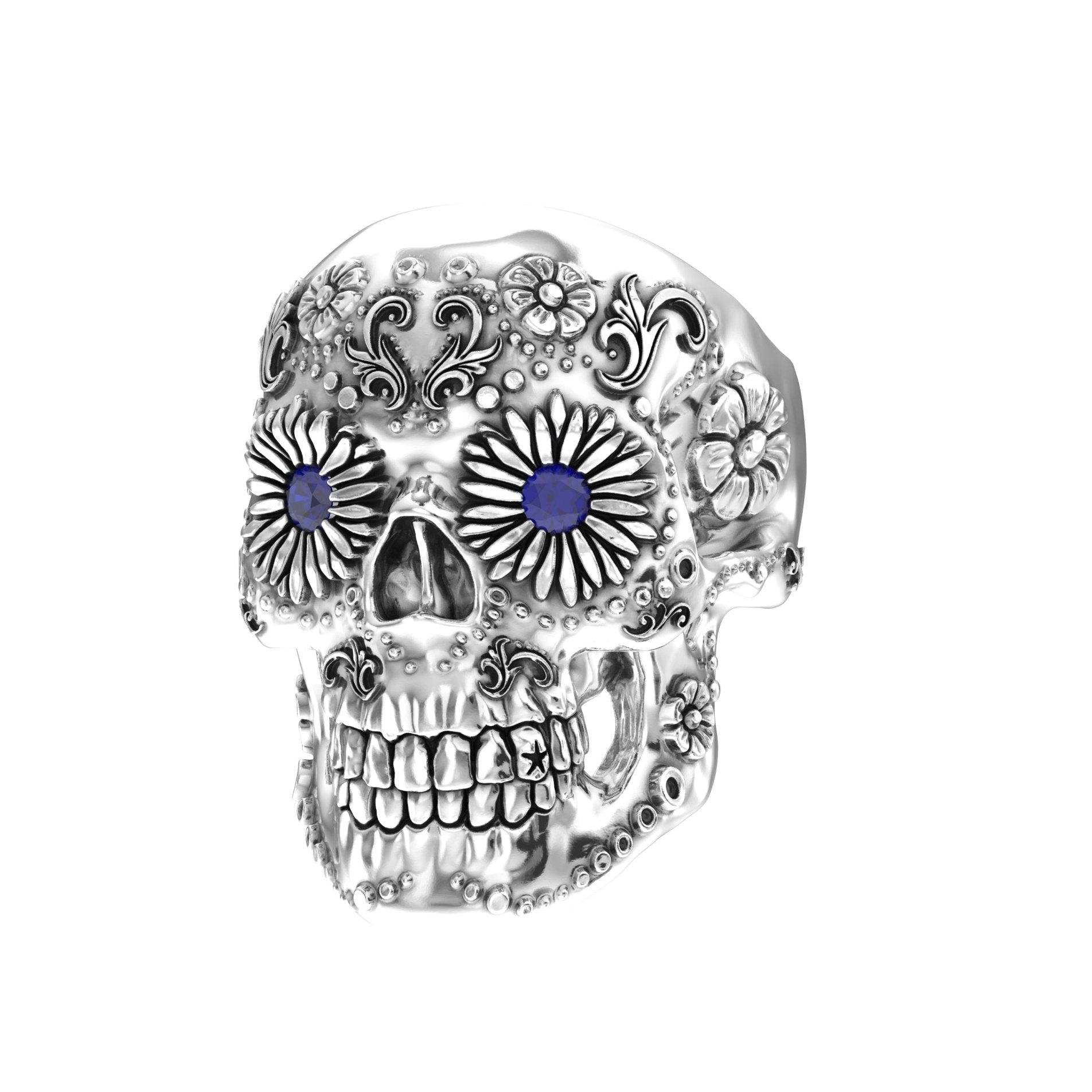 Sugar Skull Ring - Handcrafted Sterling Silver | Blue Sapphire Eyes - BeckonJewel