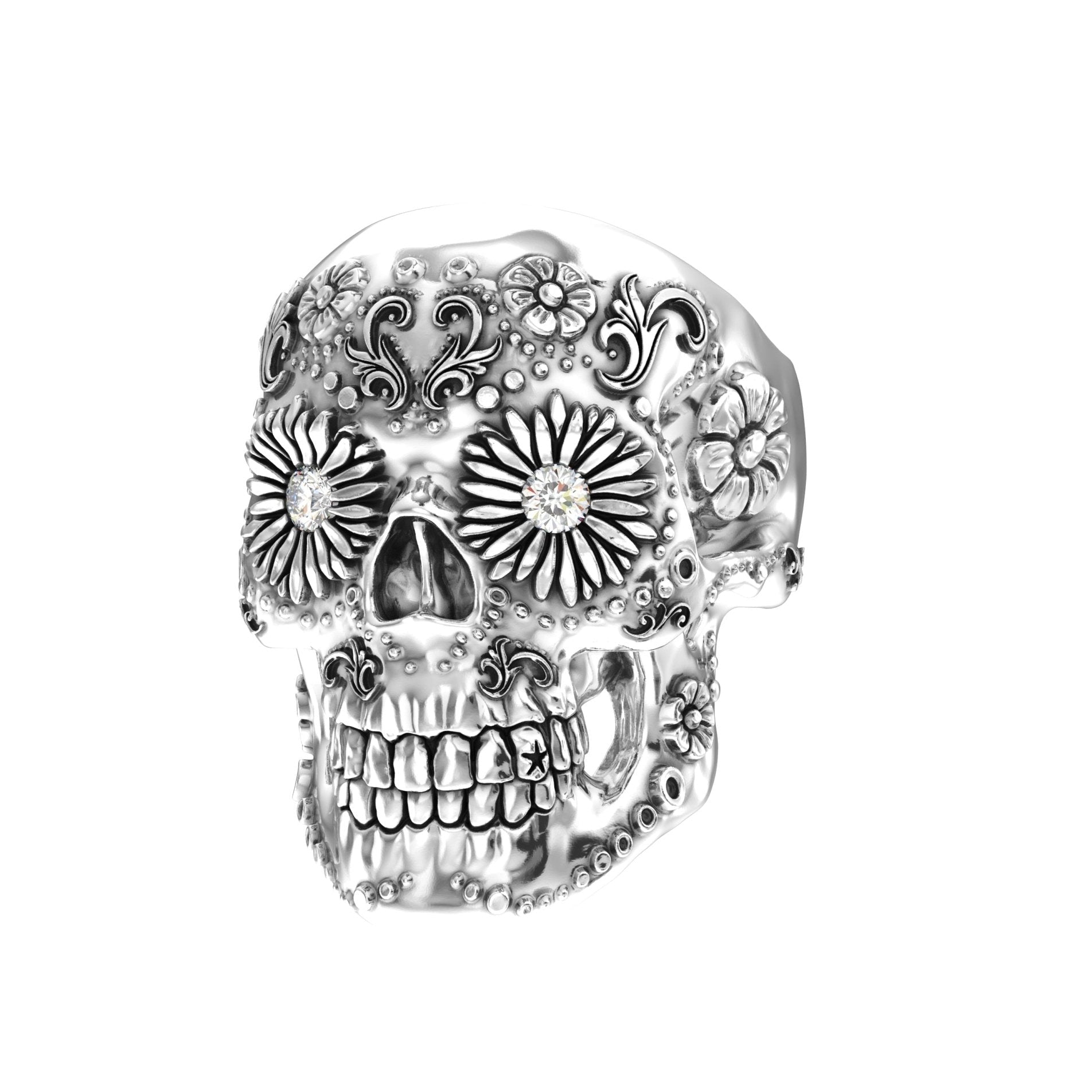Sugar Skull Ring - Handcrafted Sterling Silver | Moissanite Eyes - BeckonJewel
